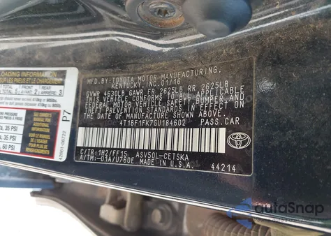 2016 Toyota Camry Se from USA, damaged, VIN 4T1BF1FK7GU184602